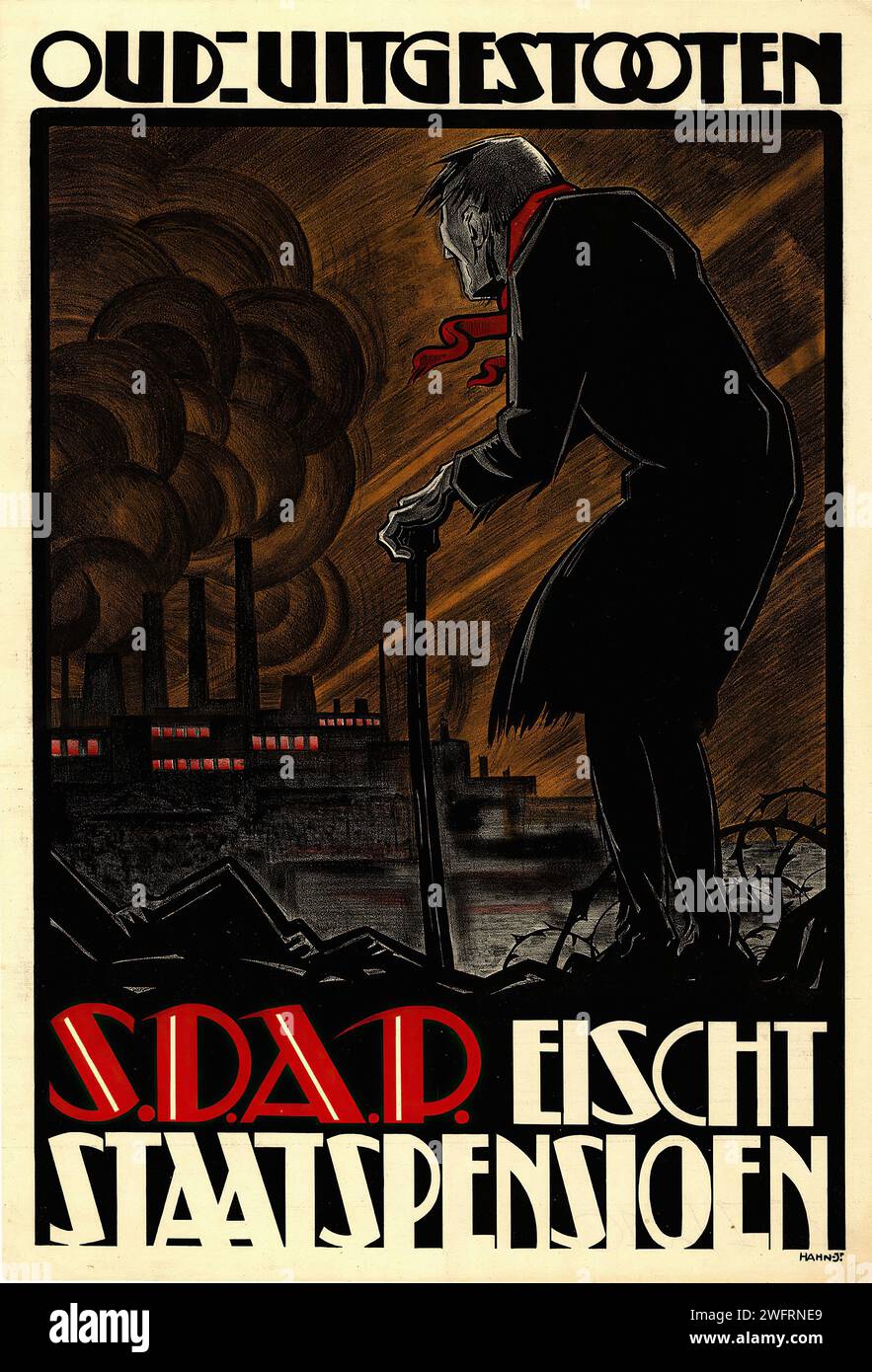 A vintage Dutch political poster with 'OUD-UITGESTOOTEN SDAP EISCHT STAATSPENSIONEN' meaning 'Old-Ostracized SDAP Demands State Pensions'. It depicts an elderly figure against industrial smokestacks, utilizing a dramatic and somber style. Stock Photo