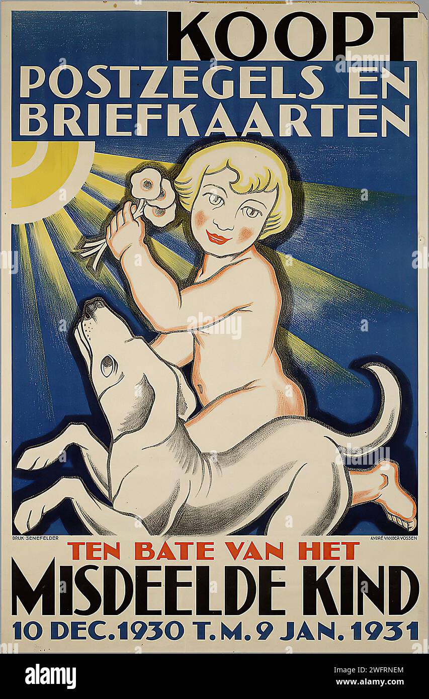 'KOOPT POSTZEGELS EN BRIEFKAARTEN TEN BATE VAN HET MISDEELDE KIND' which translates to 'BUY STAMPS AND POSTCARDS FOR THE BENEFIT OF THE DISADVANTAGED CHILD' Vintage Dutch Advertising. This image shows a stylized illustration of a young child riding a dog, holding a flower, and smiling towards the viewer, with a moon in the background. The style is playful and cartoonish with a clear message for a charitable cause. Stock Photo