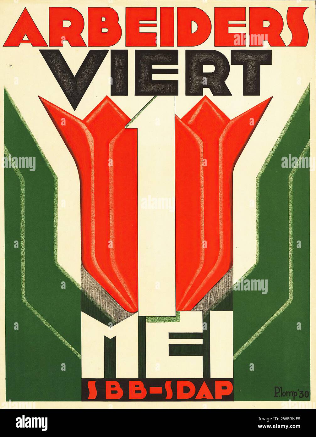 'ARBEIDERS VIERT 1 MEI BB-SDAP' which translates to 'WORKERS CELEBRATE MAY 1 BB-SDAP' Vintage Dutch Advertising. The image is a bold, graphic poster with strong typographic elements in red and green, representing the celebration of International Workers' Day by the social democratic party. The style is stark and propagandistic, with a focus on symmetry and powerful use of color. Stock Photo