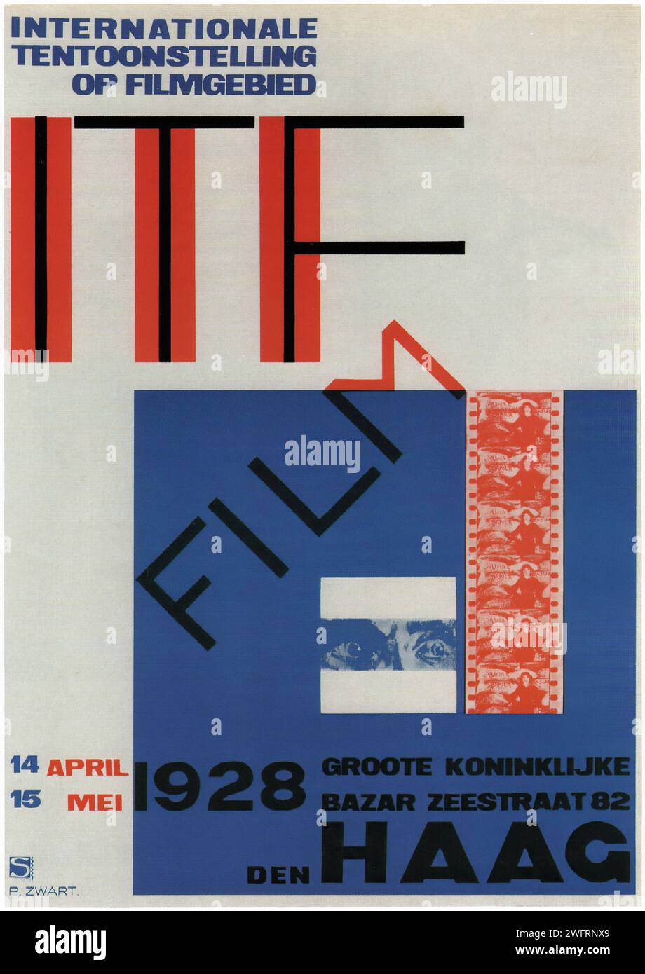 'INTERNATIONALE TENTOONSTELLING OP FILMGEBIED 14 APRIL 1928 DEN HAAG' which translates to 'INTERNATIONAL EXHIBITION IN THE FIELD OF FILM APRIL 14, 1928 THE HAGUE.' Vintage Dutch Advertising poster with a geometric and typographic design in red, white, and blue, representing the modernist movement in graphic design. Stock Photo