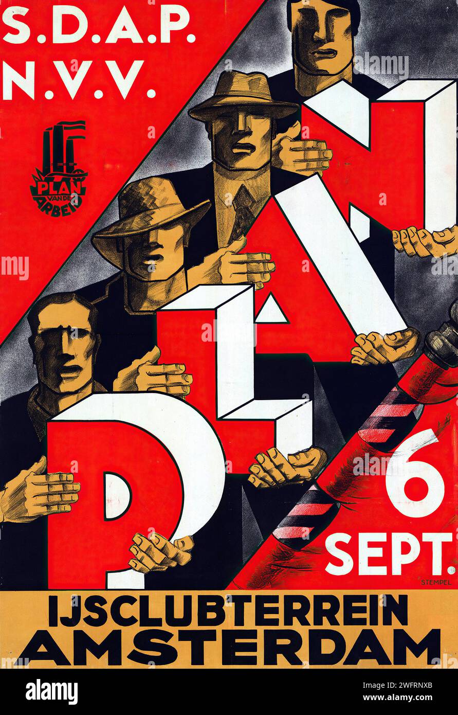 'S.D.A.P. N.V.V. PLAN VAN DE ARBEID' and '6 SEPT. IJSCLUBTERREIN AMSTERDAM' which translates to 'S.D.A.P. N.V.V. LABOR PLAN' and 'SEPTEMBER 6, ICE CLUB TERRAIN AMSTERDAM.' Vintage Dutch Advertising poster depicting figures with the letters S.D.A.P. and N.V.V., in a dynamic red, black, and white composition. The style has elements of socialist realism. Stock Photo