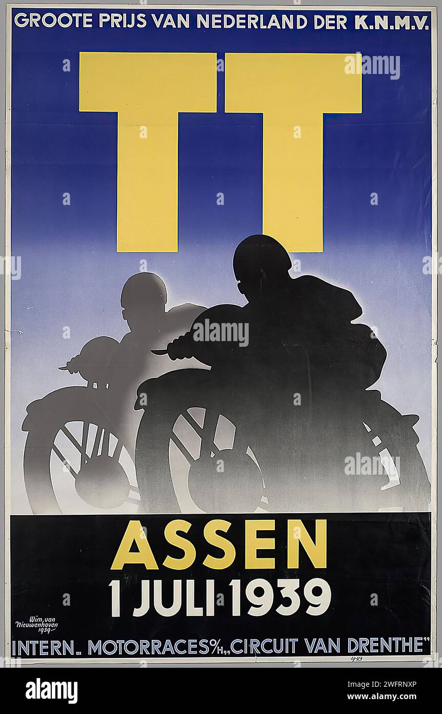 'GROOTE PRIJS VAN NEDERLAND DER K.N.M.V. TT ASSEN 1 JULI 1939' which translates to 'GRAND PRIX OF THE NETHERLANDS K.N.M.V. TT ASSEN JULY 1, 1939.' Vintage Dutch Advertising poster depicting motorcycle racing, using silhouette and shadow to create a sense of speed and motion, in a blue and yellow color scheme. Stock Photo
