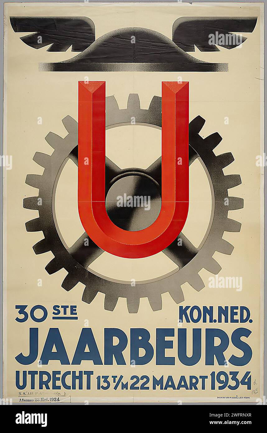 '30 STE JAARBEURS UTRECHT 13 T/M 22 MAART 1934' translated to '30TH FAIR UTRECHT 13 TO 22 MARCH 1934'. Vintage Dutch advertising displaying an Art Deco style with a red 'U' integrated into a grey gear on a white background, with red vertical stripes. Stock Photo