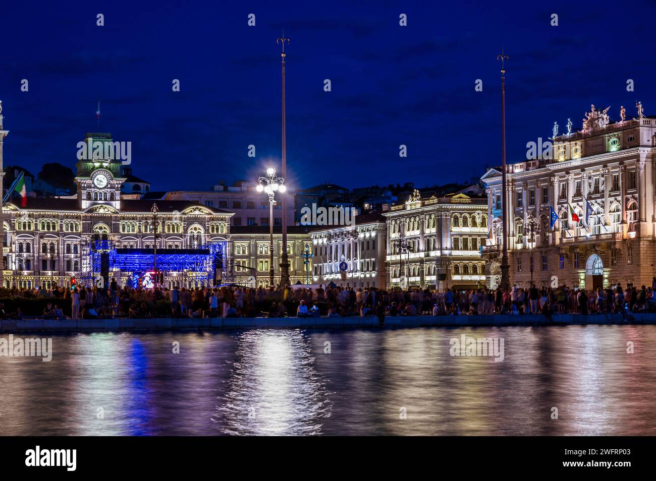 Trieste Night Dusk and night in Trieste. Between historic buildings and the sea Stock ...
