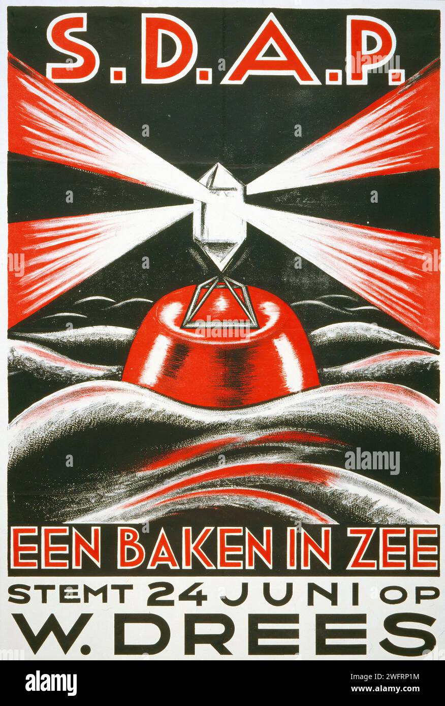 'S.D.A.P. EEN BAKEN IN ZEE stemt 24 JUNI op W. DREES' [S.D.A.P. A BEACON IN THE SEA vote 24 JUNE for W. DREES] Vintage Dutch Advertising for the Social Democratic Workers' Party (S.D.A.P.), featuring a bold graphic of a lighthouse with rays of light, predominantly in red, white, and black. The poster's style is reminiscent of Constructivism, with geometric shapes and strong contrasts. Stock Photo
