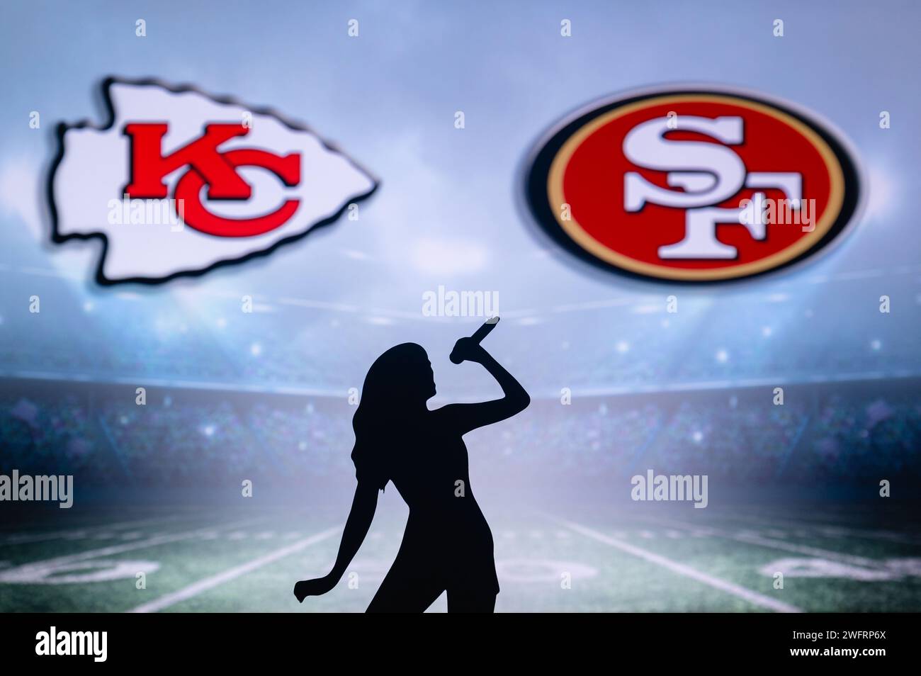 LAS VEGAS, NEVADA, USA, JANUARY 29, 2024: Taylor Swift Silhouette at Super Bowl LVIII, Kansas City Chiefs vs. The San Francisco 49ers at Allegiant Sta Stock Photo