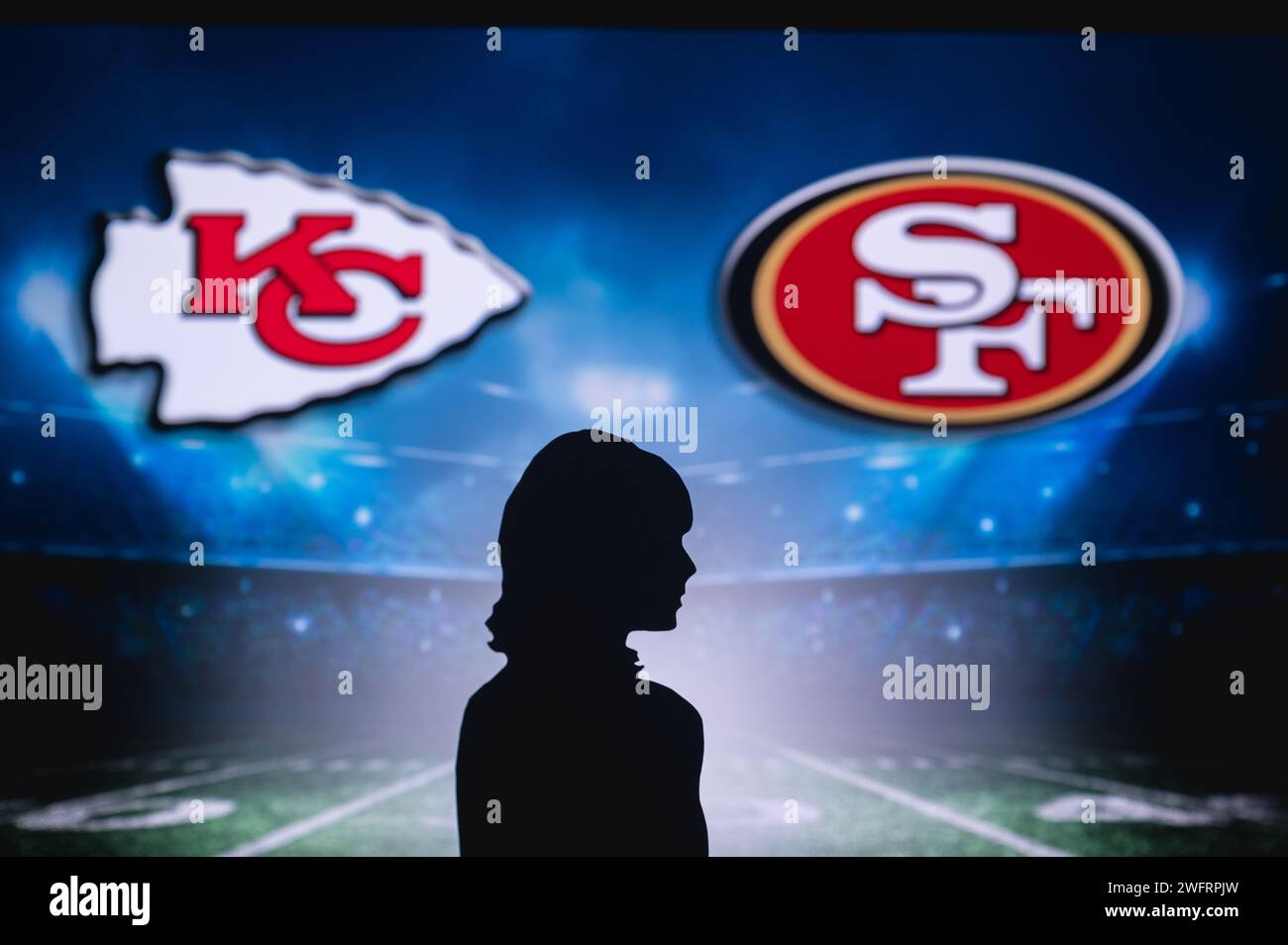 LAS VEGAS, NEVADA, USA, JANUARY 29, 2024: Taylor Swift Silhouette at Super Bowl LVIII, Kansas City Chiefs vs. The San Francisco 49ers at Allegiant Sta Stock Photo