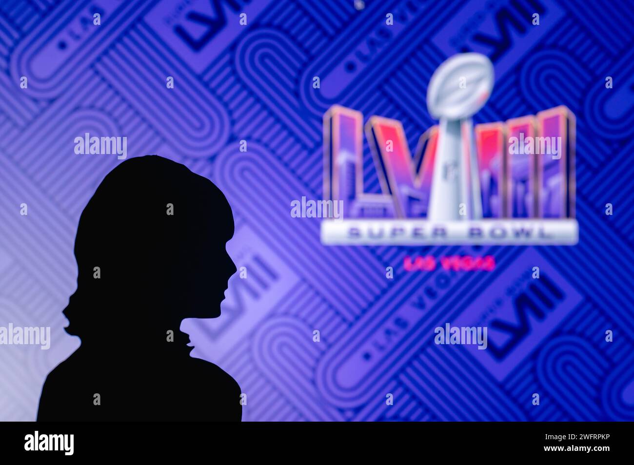 LAS VEGAS, NEVADA, USA, JANUARY 29, 2024: Taylor Swift Silhouette at Super Bowl LVIII, Kansas City Chiefs vs. The San Francisco 49ers at Allegiant Sta Stock Photo