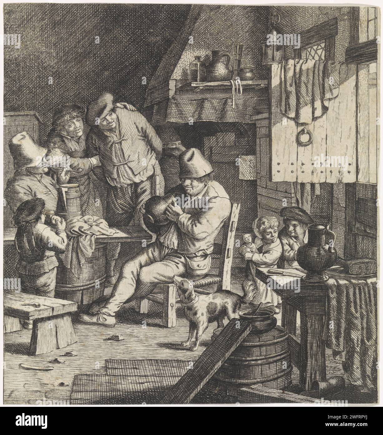 Farmers interior with a farmer with a jug in his hands, Justus van den Nijpoort, 1635 - 1692 print In an interior, a farmer sits on a chair with a jug in his hands. Three men look at him on the left. There is also a boy at the table, consisting of a barrel and a shelf. A dog looks up at the company. On the right at another table are a girl with a doll in her arms and a boy. unknown paper etching / engraving farmers. jar, jug (used as drinking-vessel). interior of the house. dog Stock Photo