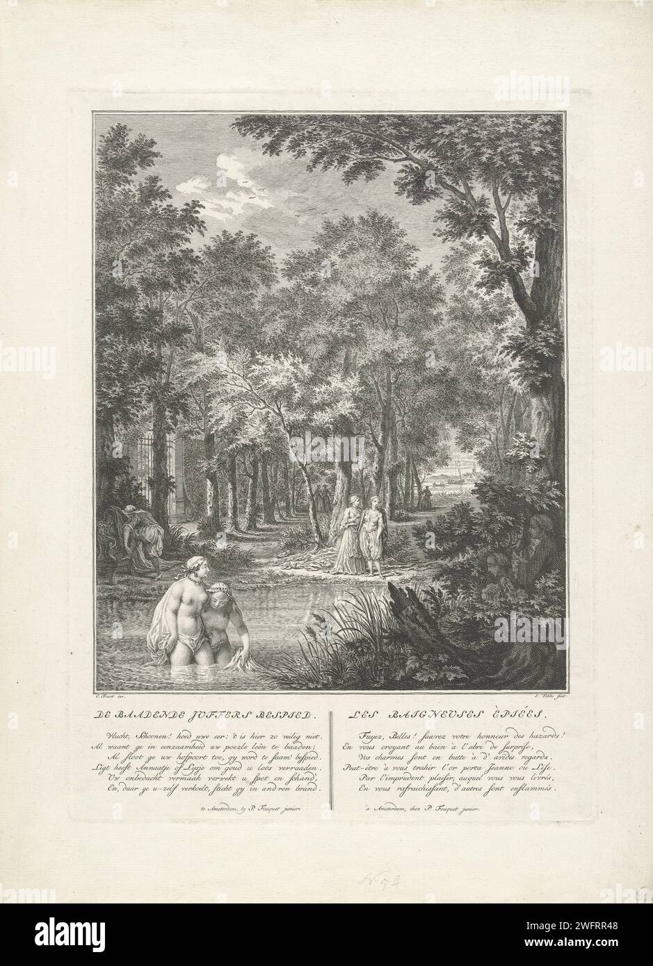 Badent Juffers Bespiid, 1760 - 1796 print Two bathing ladies are spied on by two gentlemen in the bushes. A few figures in the background walk between the trees. Amsterdam paper etching washing and bathing. peeping, voyeur Stock Photo