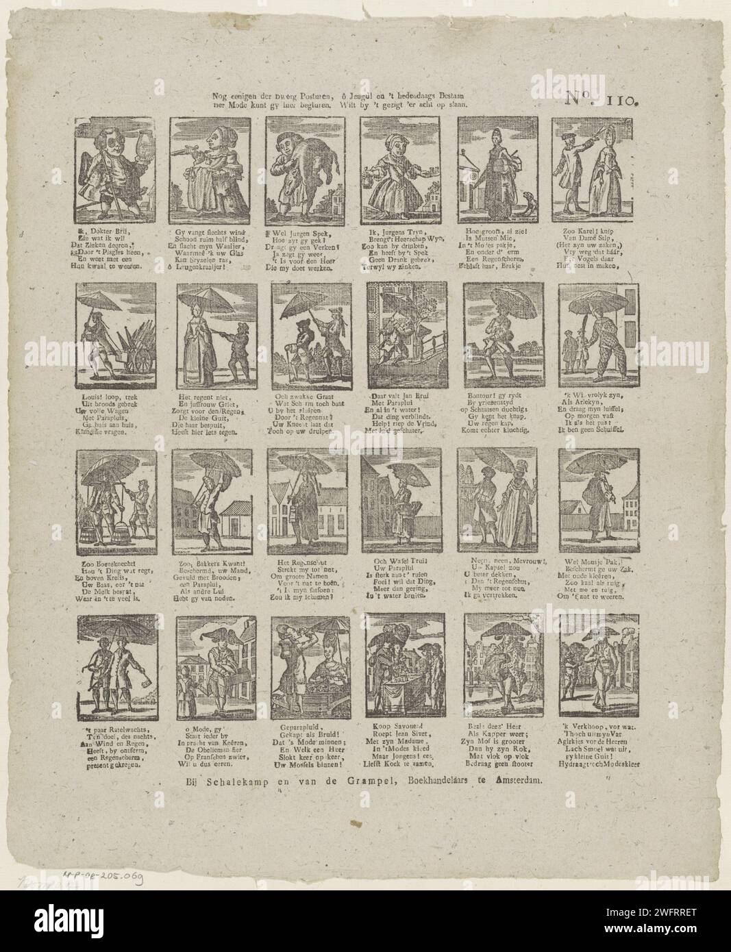 Some of the dwarf post hours, ô Youth! And the contemporary existence / Der Fashion can glide here. Want by 't Gezigt' It is eight, 1806 - 1830 print Cartoon on fashion with 24 performances of a men, women and caricature figures with parasols. A six -line verse under each image. Numbered at the top right: No. 110. Amsterdampublisher: Zaltbommelprint Maker: Netherlands paper letterpress printing fashion. fashion, clothing. parasol, sunshade. caricatures (human types). comedy Stock Photo