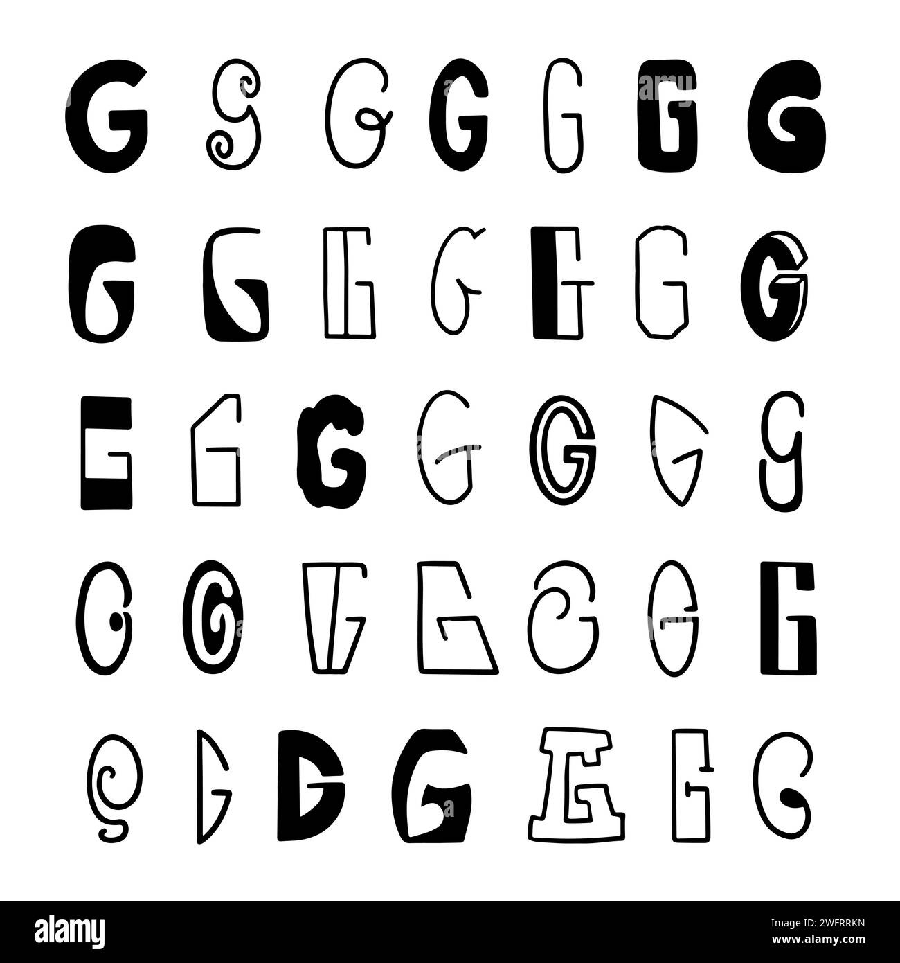 Set of letters G in different styles. Hand drawn lettering. Isolated on