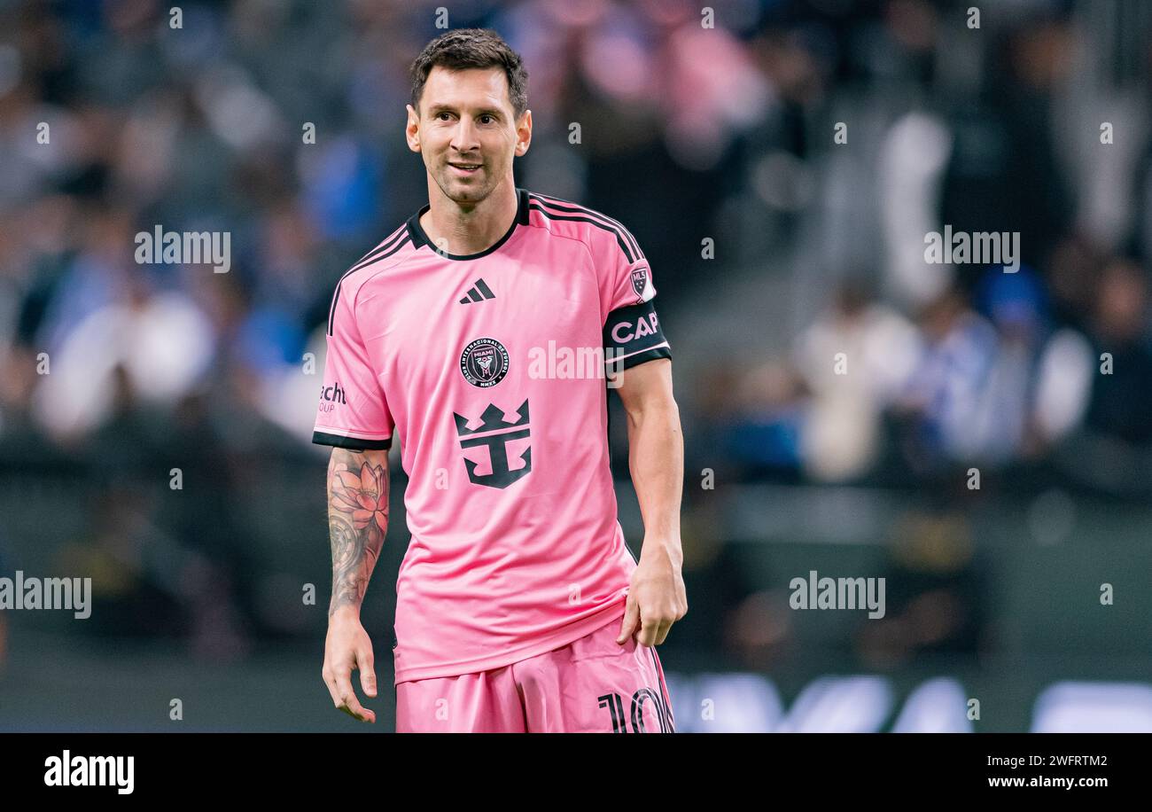 Lionel Messi #10 of Inter Miami FC in action during the Riyadh Season Cup match between Al-Hilal SFC and Inter Miami FC at Kingdom Arena on January 29, 2024 in Riyadh, Saudi Arabia. Photo by Saad Ratimi / Power Sport Images Stock Photo