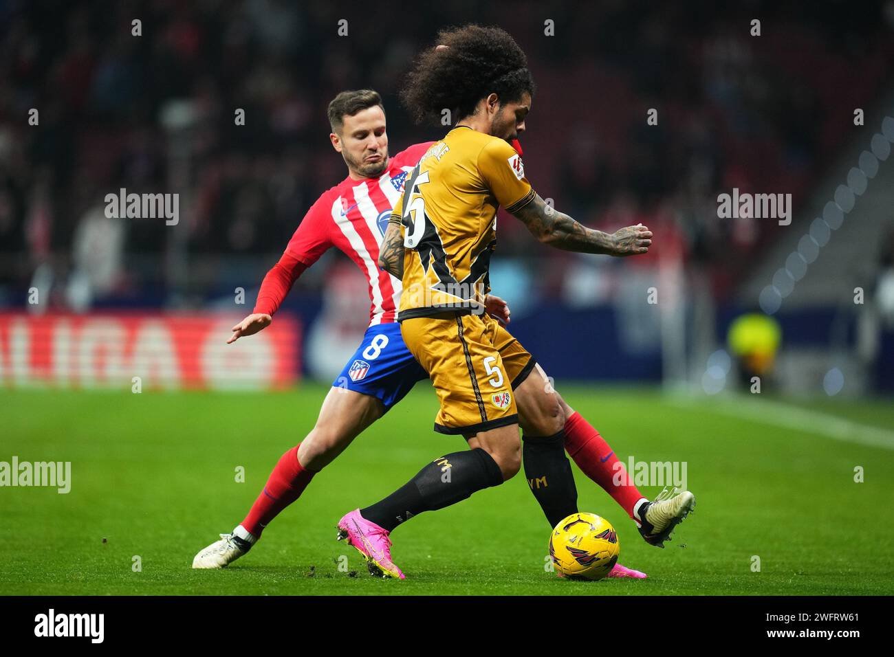 Madrid, Spain. 31st Jan, 2024. Saul Niguez of Atletico de Madrid and Aridane Hernandez of Rayo Vallecano during the La Liga EA Sports, date 20 between Atletico de Madrid and Rayo Vallecano played at Civitas Metropolitano Stadium on January 31, 2024 in Madrid, Spain. (Photo by Bagu Blanco/PRESSINPHOTO) Credit: PRESSINPHOTO SPORTS AGENCY/Alamy Live News Stock Photo