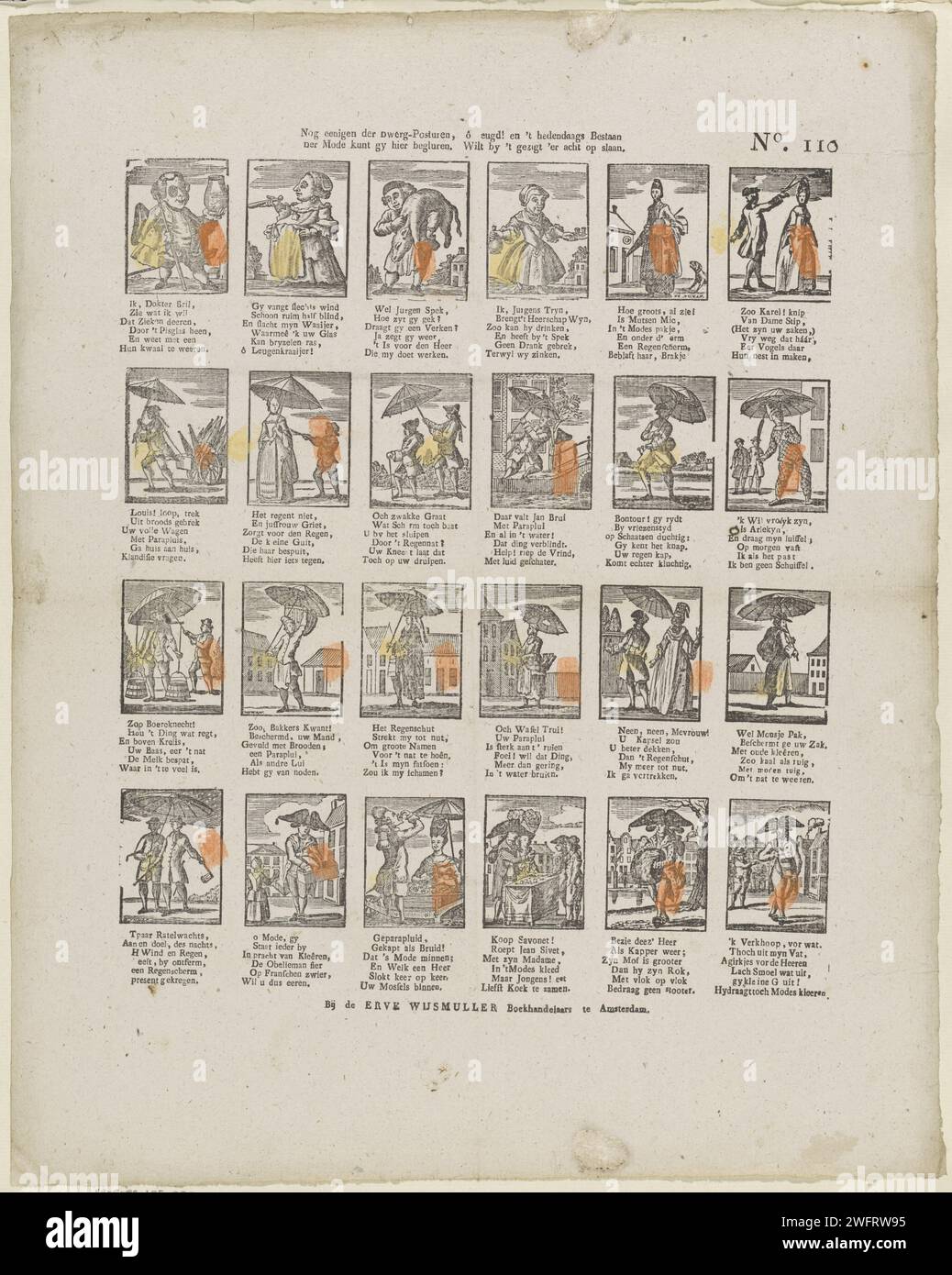 Some of the dwarf post hours, ô Youth! And the contemporary existence / Der Fashion can glide here. Want by 't Gezigt' It is eight, 1806 - 1830 print Cartoon on fashion with 24 performances of a men, women and caricature figures with parasols. A six -line verse under each image. Numbered at the top right: No. 110. Amsterdampublisher: Zaltbommelprint Maker: Netherlands paper letterpress printing fashion. fashion, clothing. parasol, sunshade. caricatures (human types). comedy Stock Photo