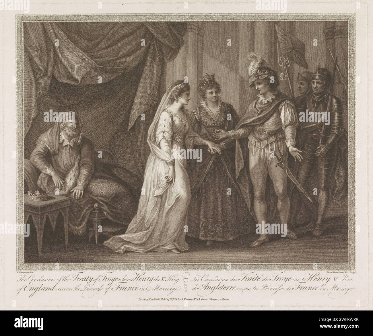 Conclusion of the Treaty of Troyes, Francesco Bartolozzi, After William Hamilton, 1788 print Catharina van Valois marries Hendrik V. Left is Karel VI of France on a bed. There are two soldiers on the right. Text in English and French in the lower margin. London paper etching historical events and situations; historical persons. (civil) marriage ceremonies Stock Photo