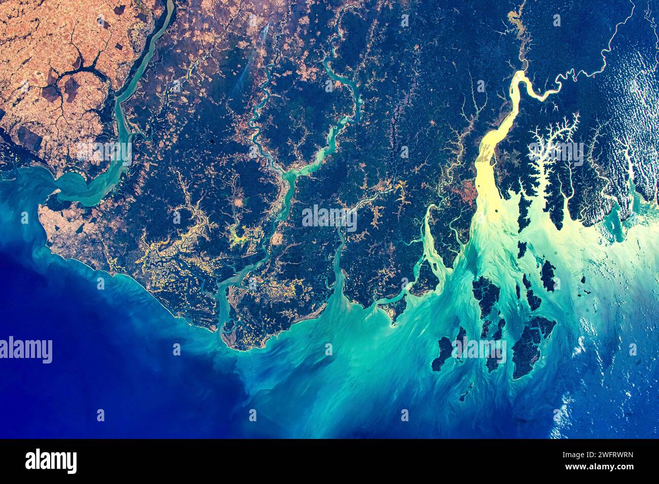 A coastline or coastal feature in Senegal. Digital enhancement of a NASA image. Stock Photo