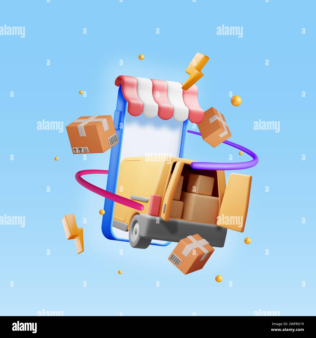 3D Delivery Van and Cardboard Boxes in Smartphone Stock Vector