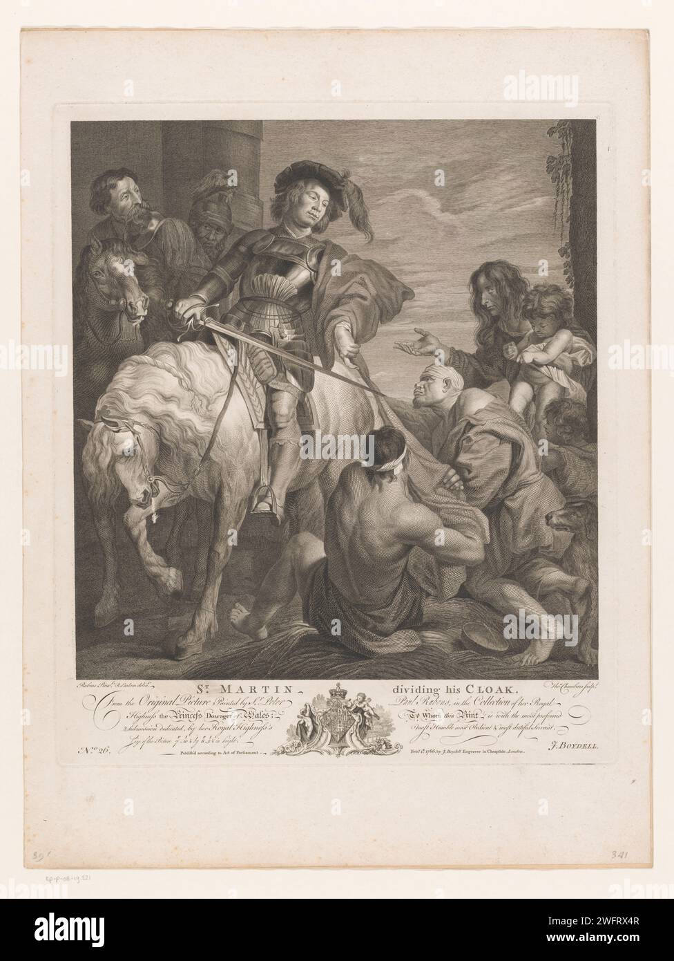 Sint Maarten gives half of his cloak to a beggar, Thomas Chamars, After Richard Earlom, After Peter Paul Rubens, After Anthony Van Dyck, 1766 print  London paper etching / engraving St. Martin divides his cloak (i.e. the charity of St. Martin): he is usually shown on horseback, cutting his cloak with his sword, or putting part of the cloak round the shoulders of a beggar who kneels beside him Stock Photo