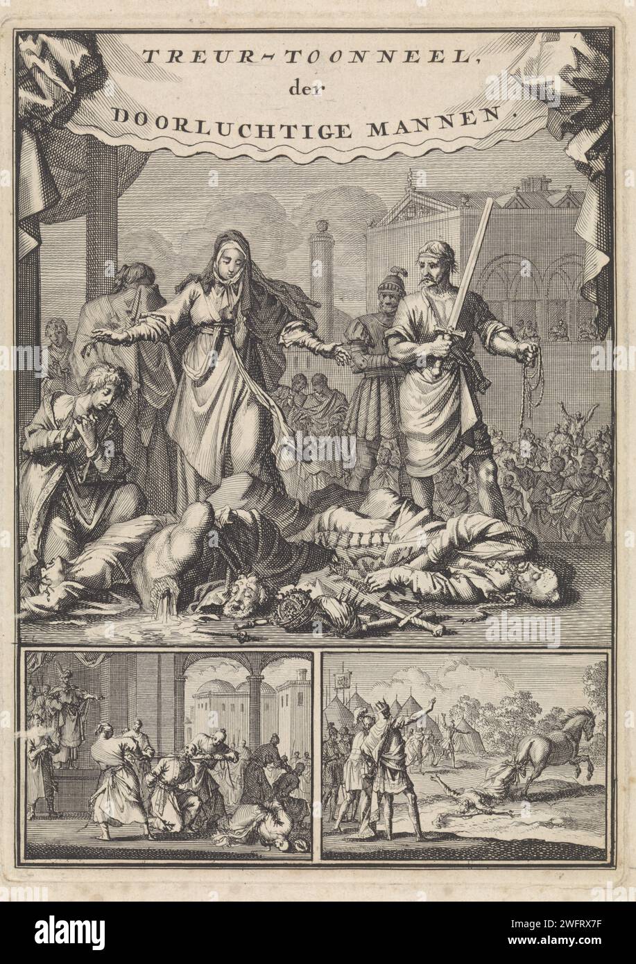 Faithfulness, mercy and love see three figures put to death, Jan Luyken, 1698 print The personifications of faith, mercy and love see a strangled Turk, a decapitated prince and a third party to death figure. On the right the executioner with sword and strangulation. Two small scenes in which figures are deprived of their lives under this main performance. Amsterdam paper etching Fidelity; 'Faithful (Ripa). Mercy, Compassion; 'Compassion', 'Mercy' (Ripa). Friendliness, gentleness, affabilities; 'Affability, pleasantness, amiability', 'pleasant soul, negotiable & loving', 'benignity' (Ripa). Dea Stock Photo