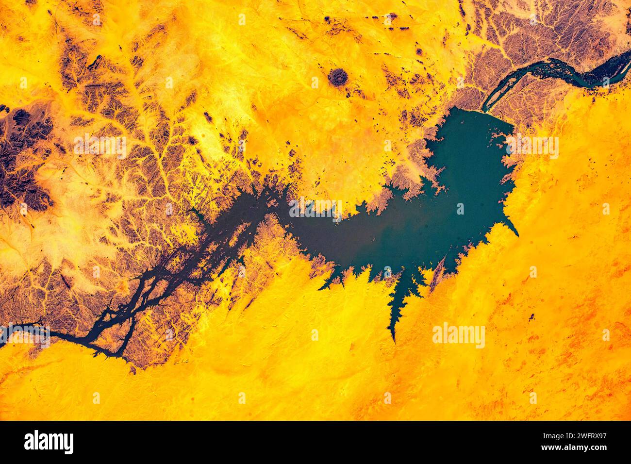Merowe Reservoir, Sudan. Digital enhancement of a NASA image. Stock Photo