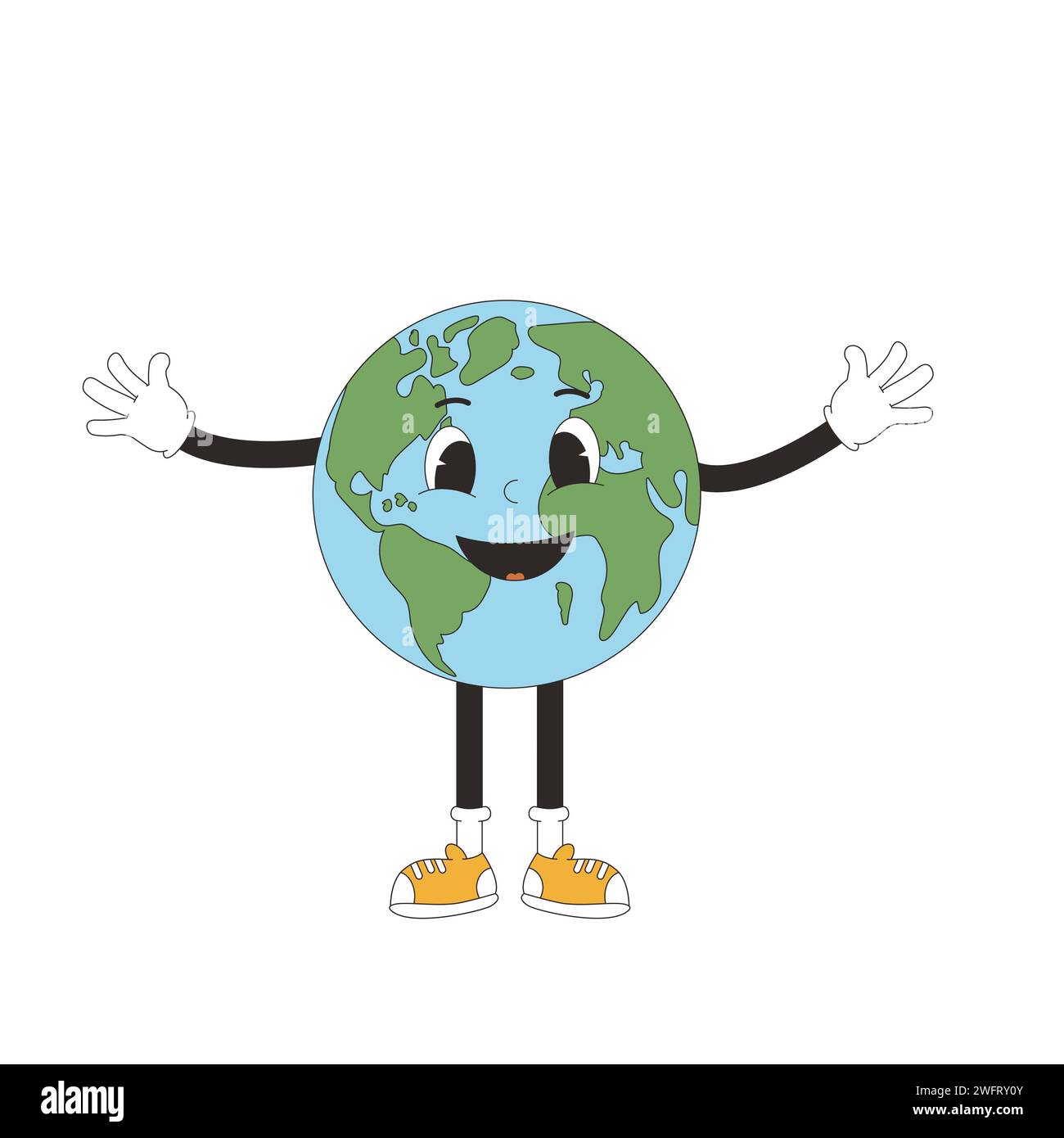 Earth mascot in retro style. Cute planet character isolated on white background. Vector globe with face illustration. Stock Vector