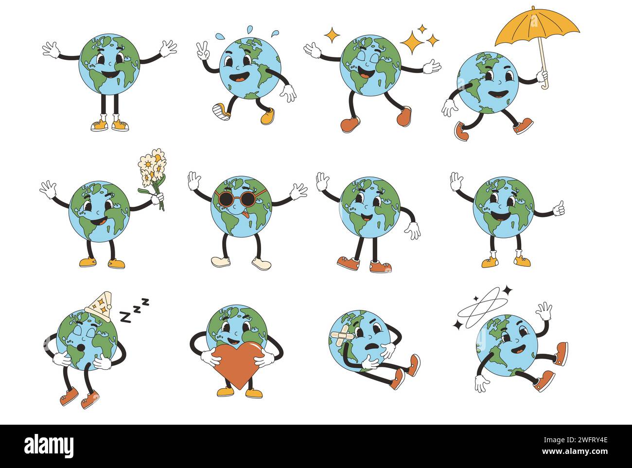 Earth in rubber hose style. Cute planet characters set isolated on white background. Retro mascots collections. Vector globe illustration. Stock Vector