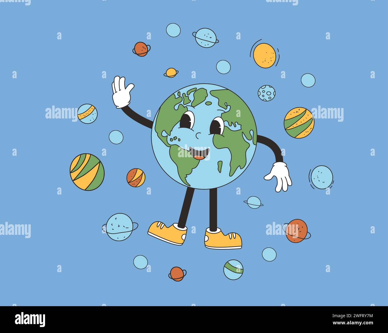 Earth cartoon character waving his hand in retro style. Smiling our planet character in universe cosmos. Vector illustration. Stock Vector