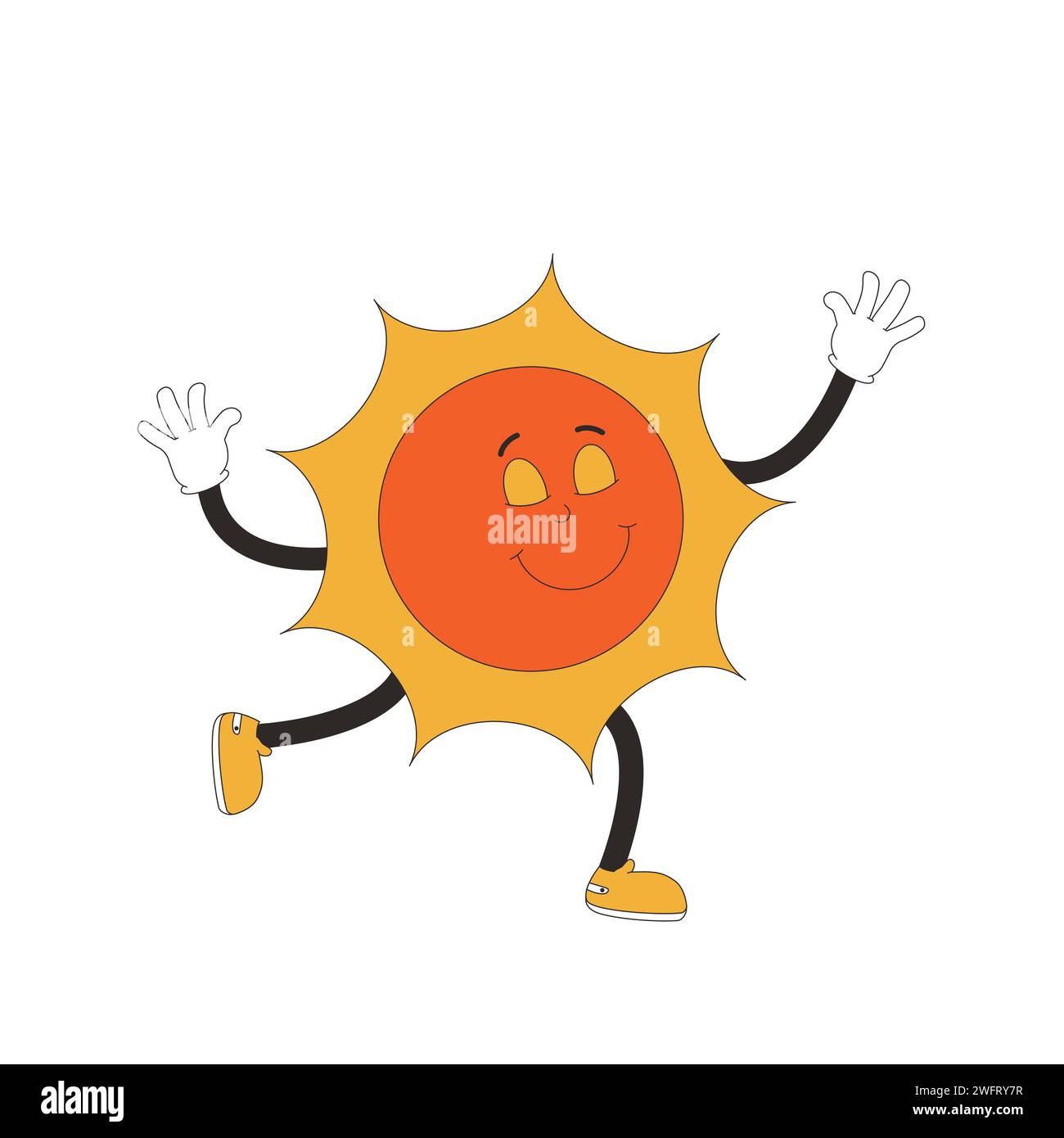 Sun cartoon character waving hand in retro style. Smiling cosmos star character isolated on white background. Vector illustration. Stock Vector