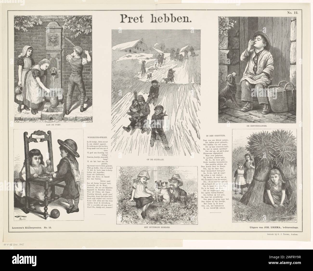 Have fun, 1882 - 1905 print Leaf with 6 performances of children's games and activities, such as getting water at the pump and playing with the neighbor's dogs. Between the images verses in book print. Numbered at the top right and bottom left: No. 12. Publisher: The BEPRITER: Arngem paper printing block / letterpress printing children's games and plays. child playing with animals. small sleigh (winter sports) Stock Photo