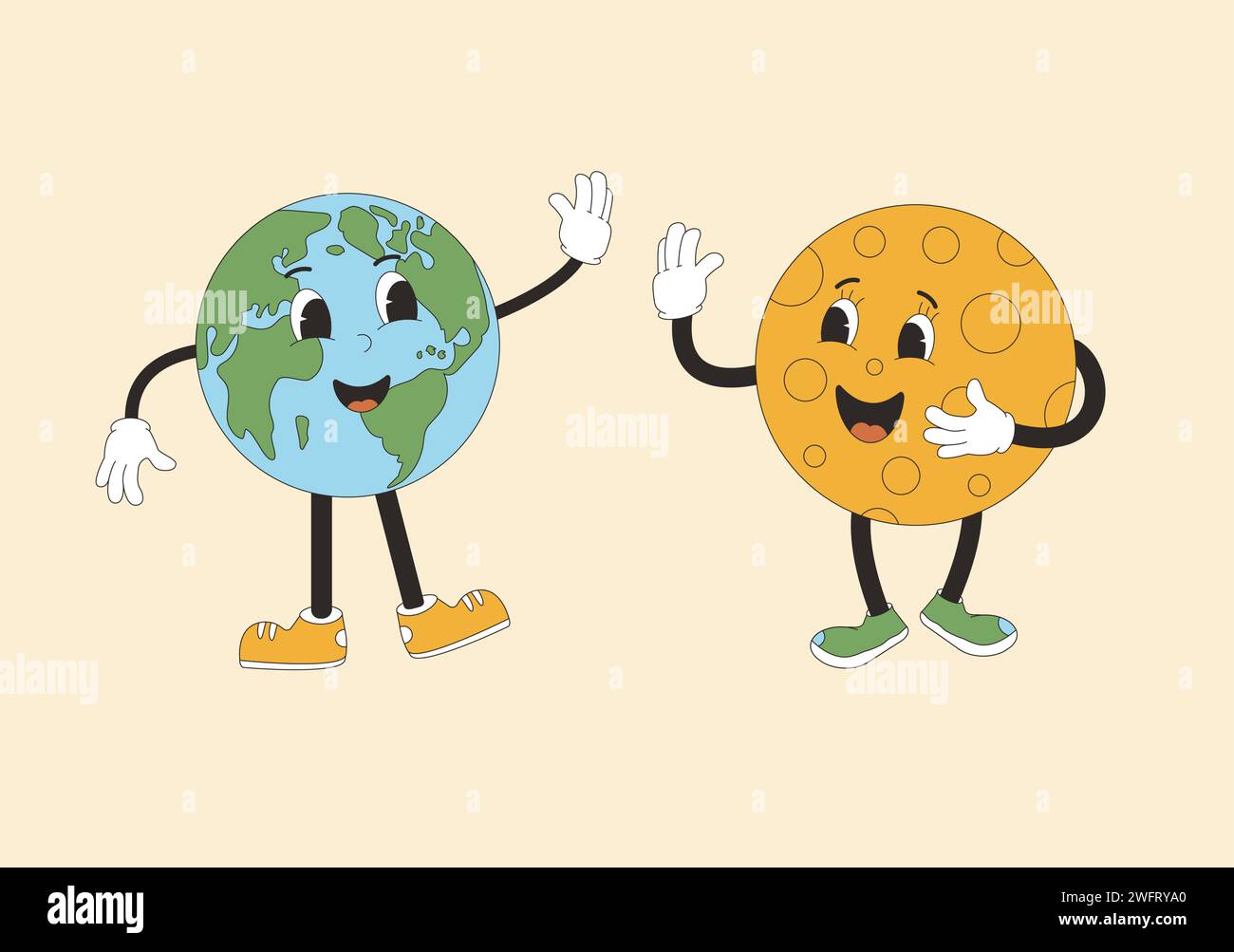 Moon and Earth cartoon characters give five each other in retro style. Smiling comic characters waving their hands. Vector illustration. Stock Vector