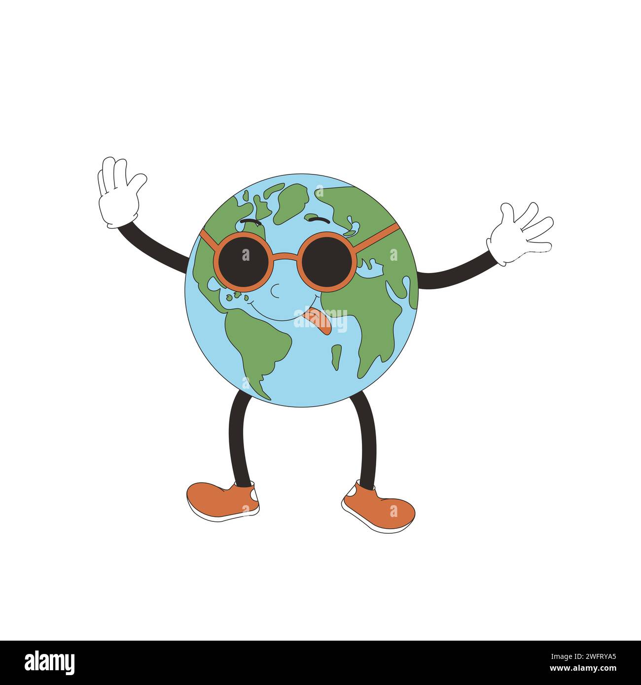 Planet Earth mascot in retro style. Cute globe character with sunglasses waving his hand isolated on white background. Vector illustration. Stock Vector