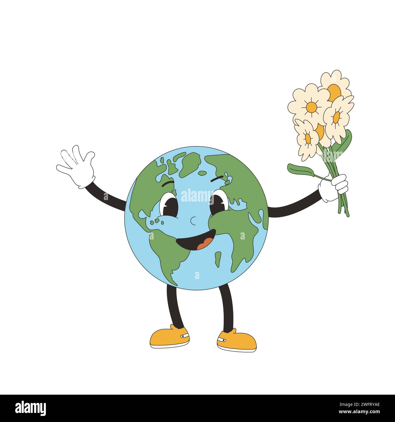 Happy earth mascot with flowers in retro style. Cute planet character holding bouquet of chamomiles in one hand and waving other hand isolated on whit Stock Vector