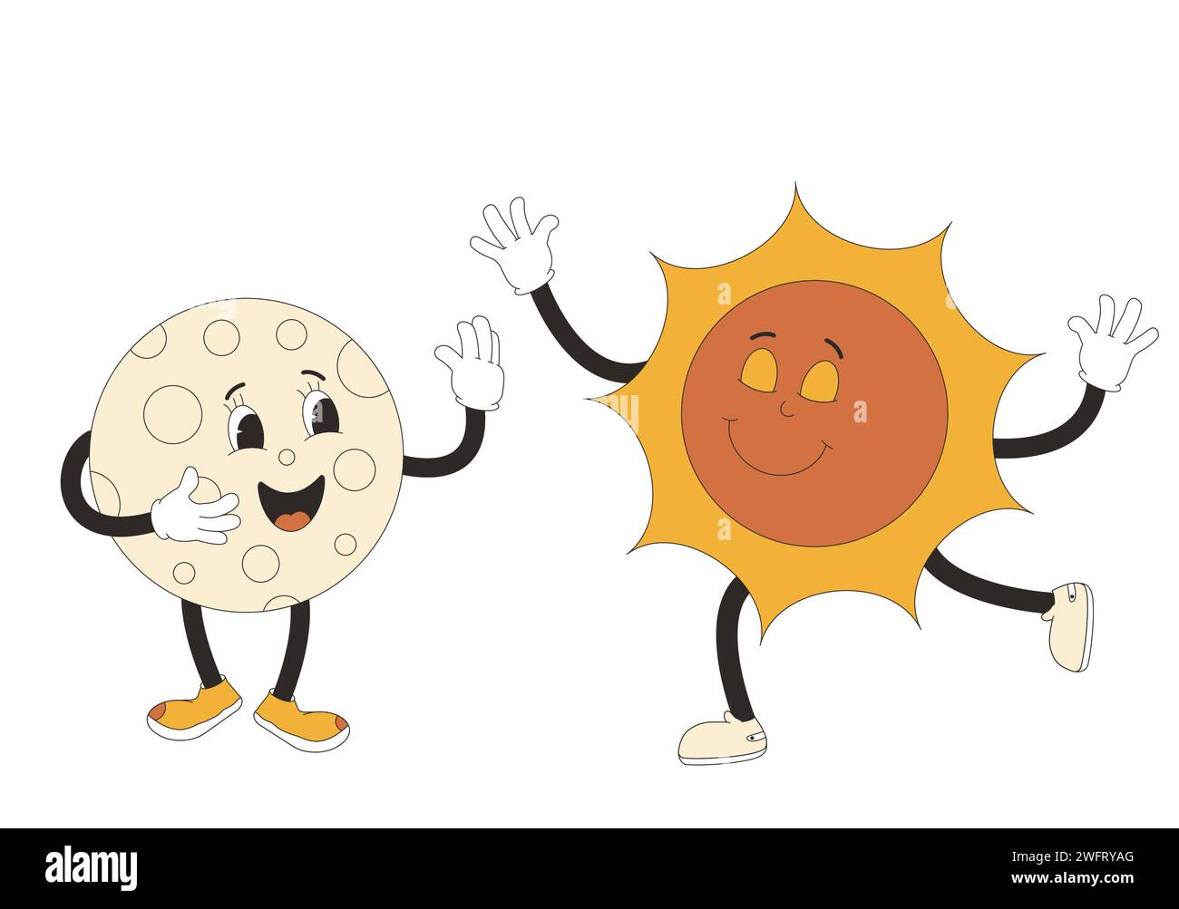 Moon and sun cartoon characters in retro style. Smiling comic characters isolated on white background. Vector illustration. Stock Vector