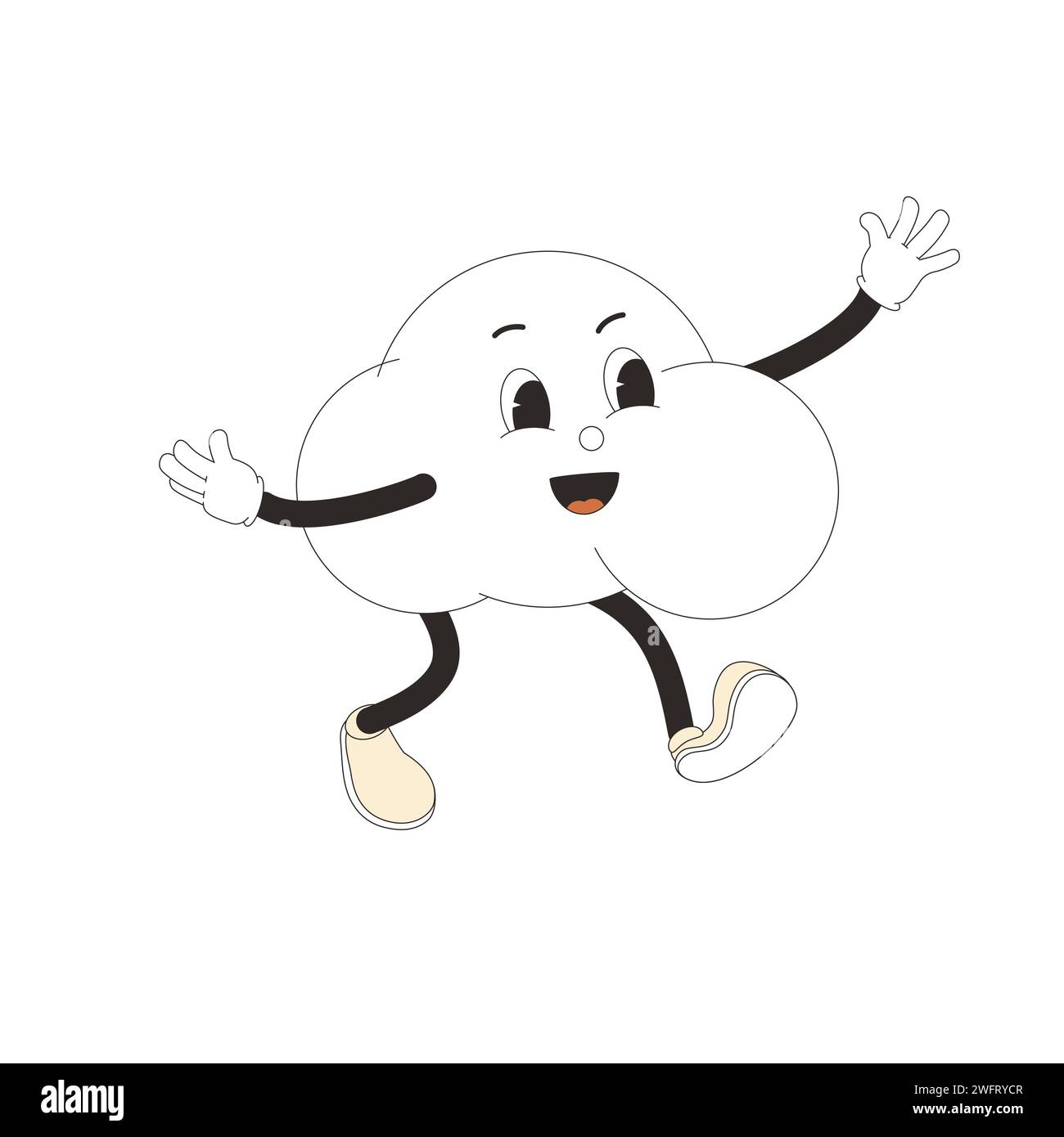 Cloud in retro mascot style. Cute character flying or running isolated on white background. Vector illustration. Stock Vector