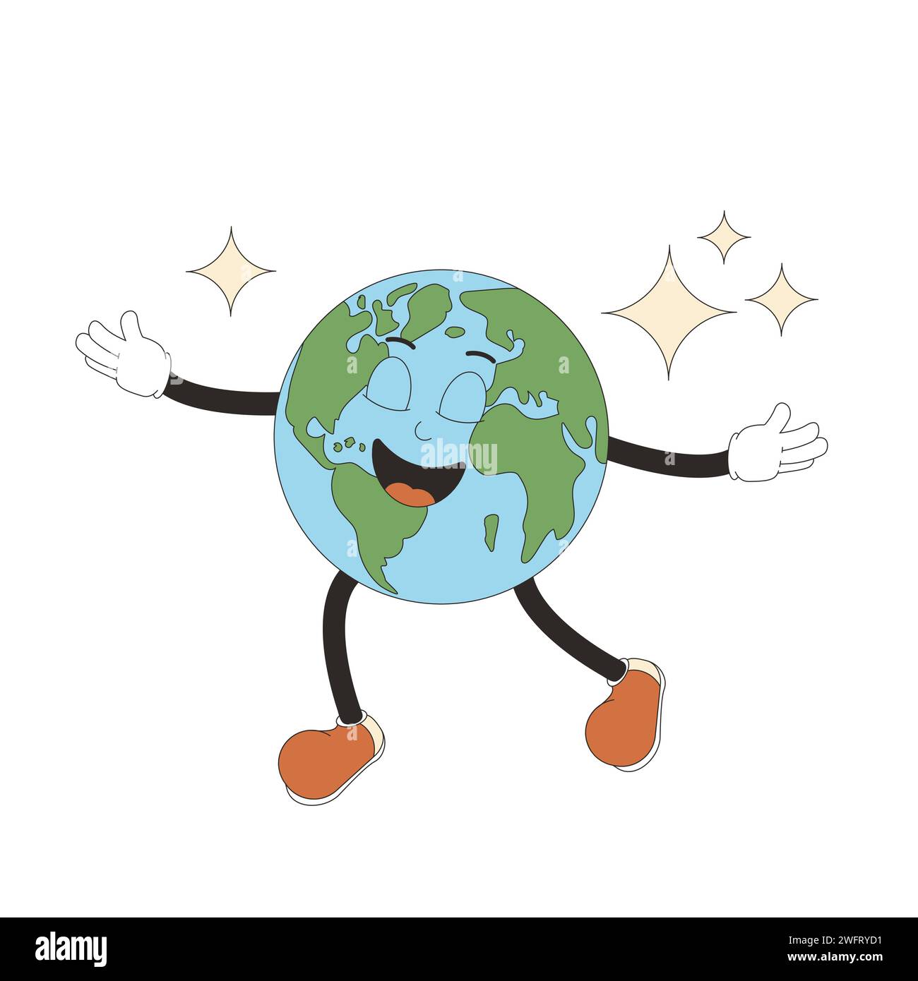 Earth in retro mascot style. Cute planet character flying with closed eyes isolated on white background. Vector globe with face illustration. Stock Vector