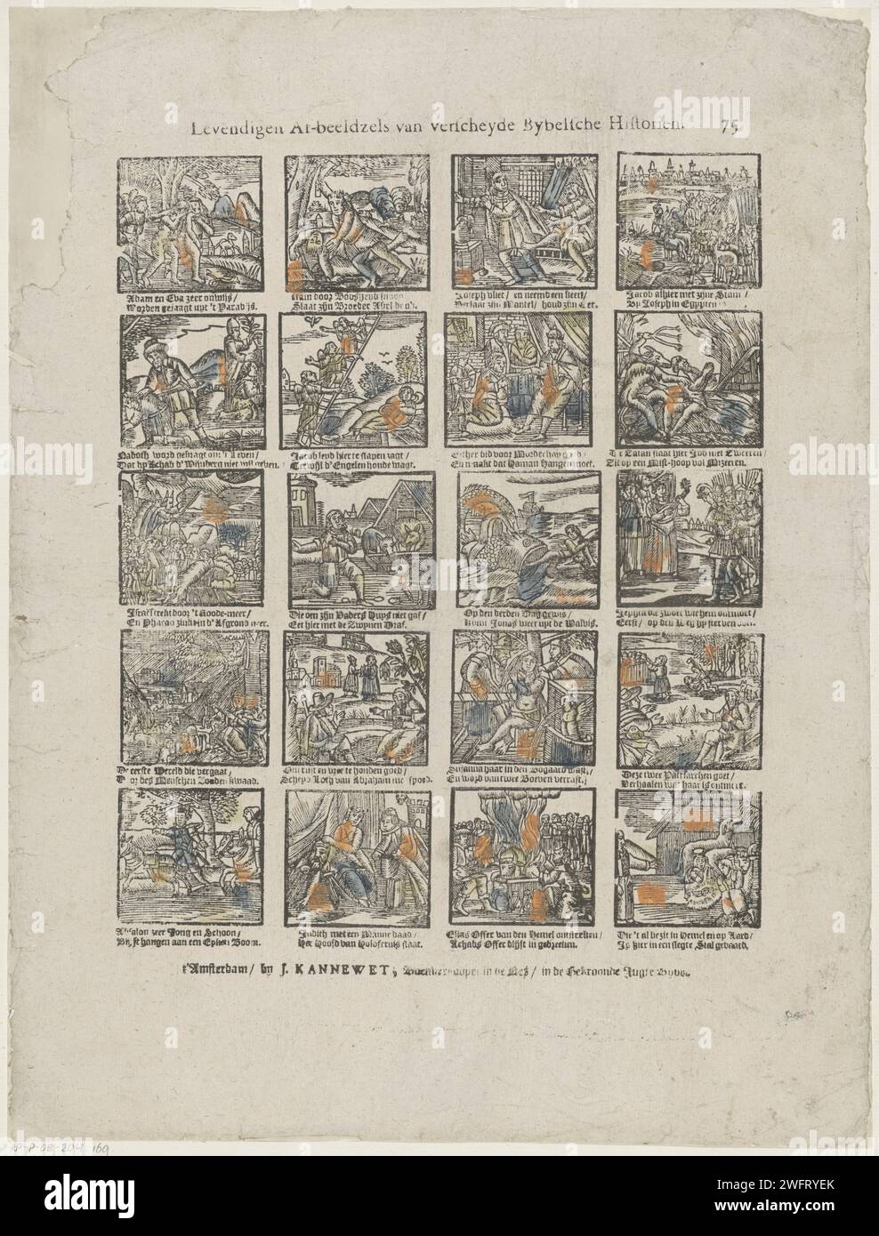 LIVEIGN AFBIETSES OF VERSHYDE Bybelsche Historien, 1725 - 1780 print Leaf with 20 performances of stories from the Old Testament, including Adam and Eva that are driven out of paradise and Jonah that is thrown on dry land. Under each image a two -way verse. Numbered at the top right: 75. publisher: Amsterdamprint maker: Netherlands paper letterpress printing Old Testament Stock Photo