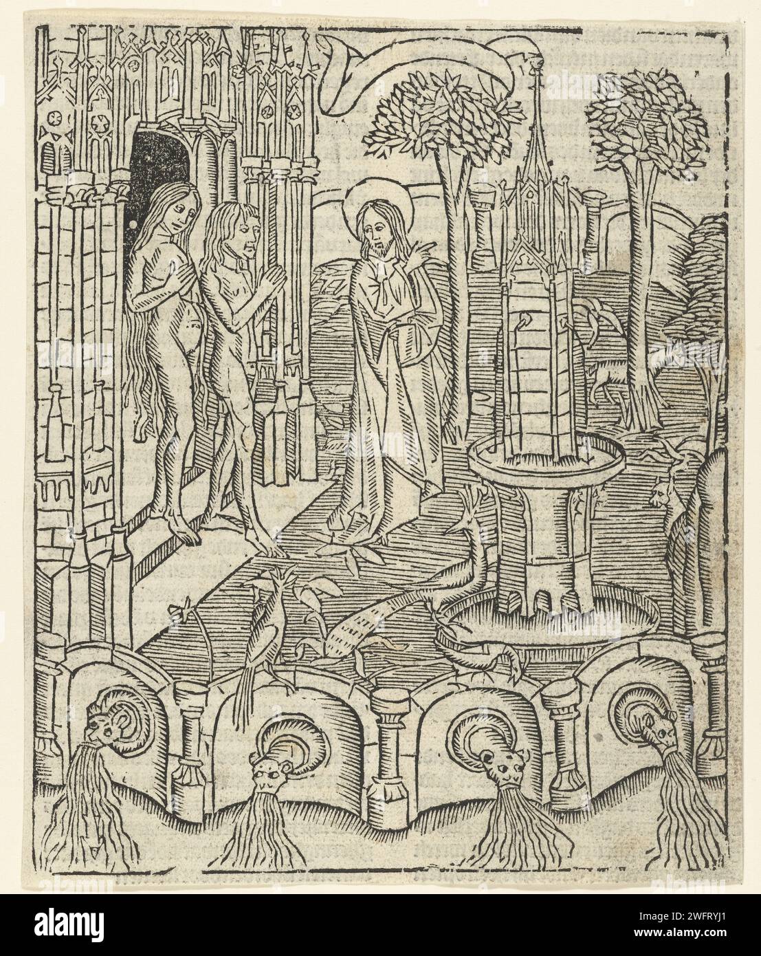 God shows Adam and Eva Paradise, Master of Delft (Attributed to), 1503 print Paradise with the four rivers. God leads Adam and Eva inside and points to tree of good and evil. Low Countries paper  the giving of the test commandment: God warns Adam and Eve not to eat from the tree of knowledge of good and evil. the four rivers of paradise (springing from a fountain) Stock Photo