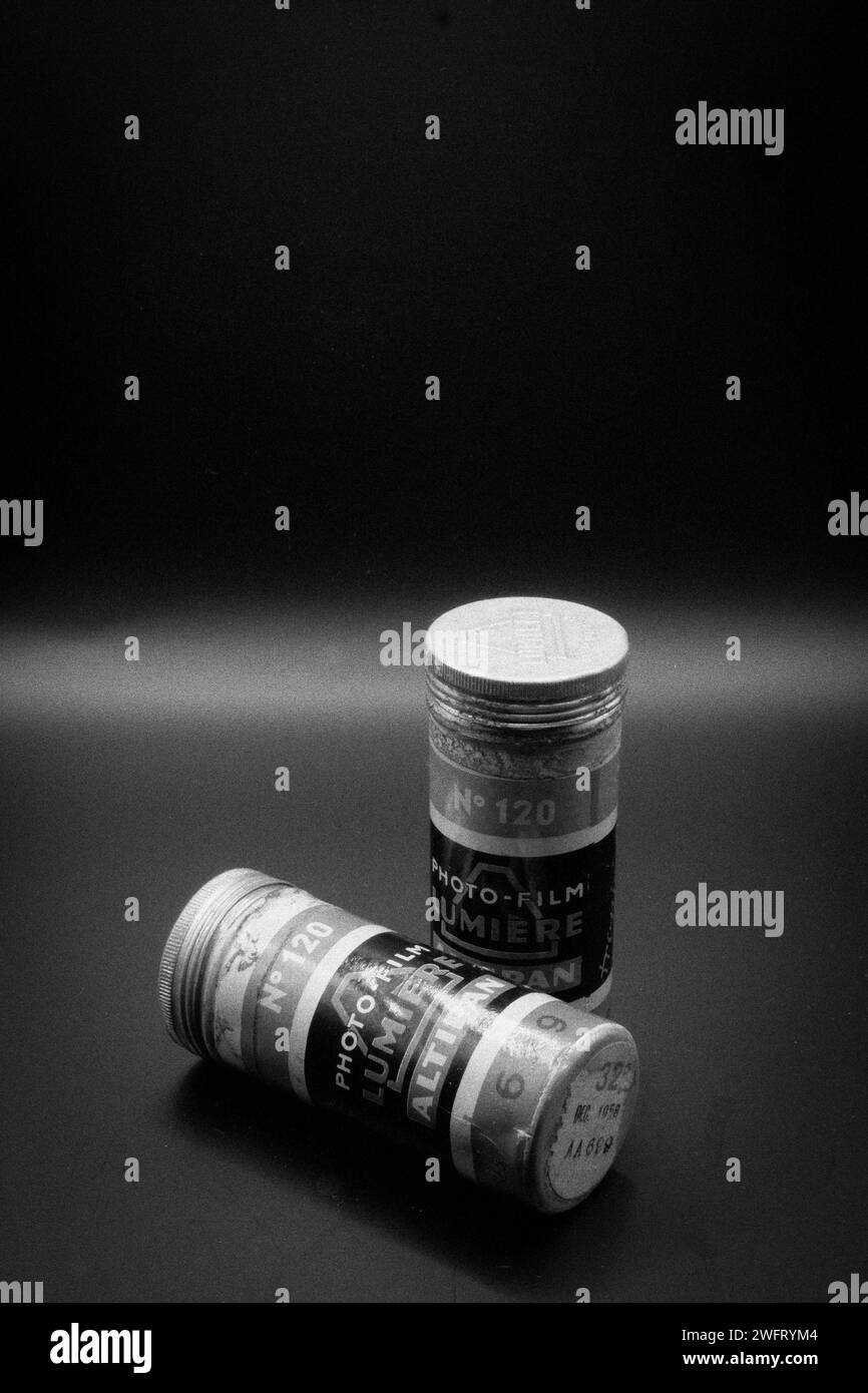 Vintage Lumière 120 negative film cans, Studio shot, France still life