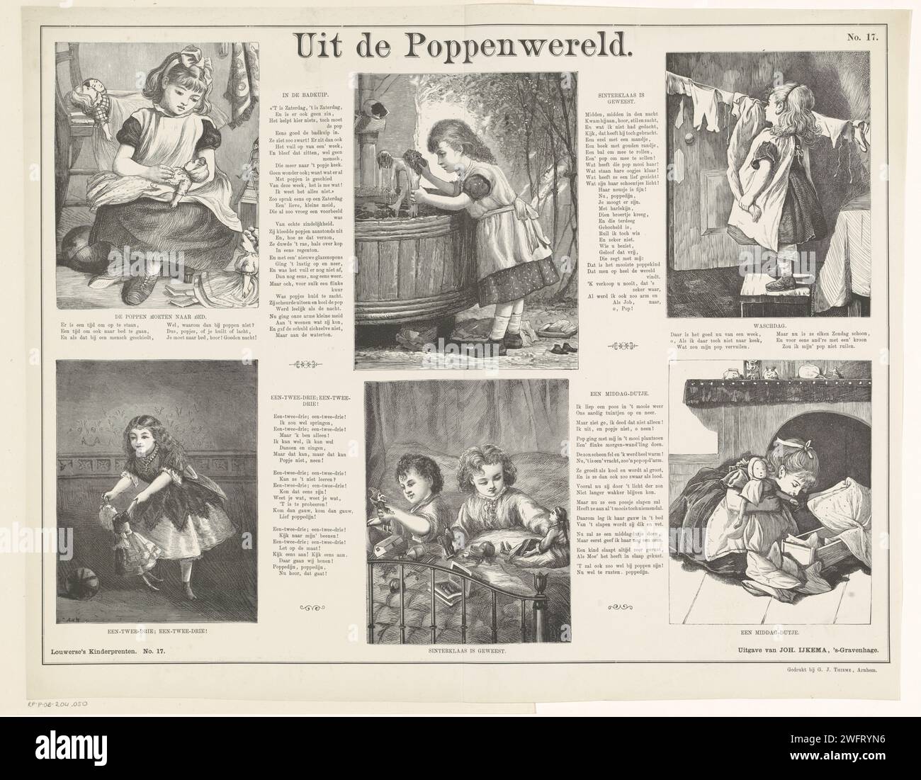 From the Poppenwereld, 1882 - 1905 print Leaf with 6 performances of girls playing with dolls. Between the images verses in book print. Numbered at the top right and bottom left: No. 17. Publisher: The BEPRITER: Arngem paper printing block / letterpress printing children's games and plays. (playing with) dolls Stock Photo