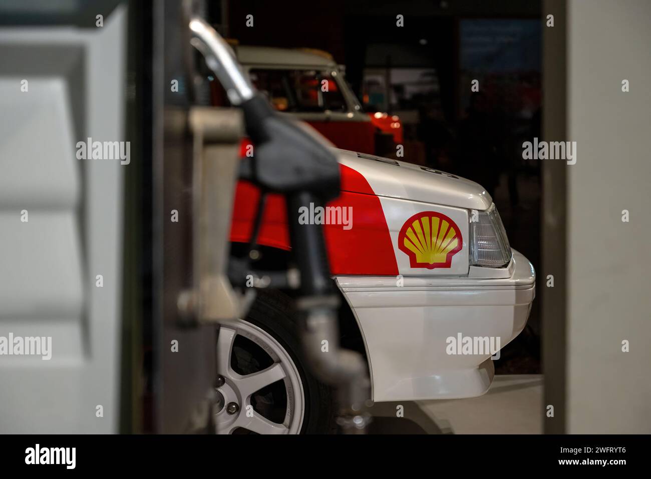 Antalya, Turkey - February 1, 2024: Shell PLC logo on car at Shell PLC gas station Stock Photo