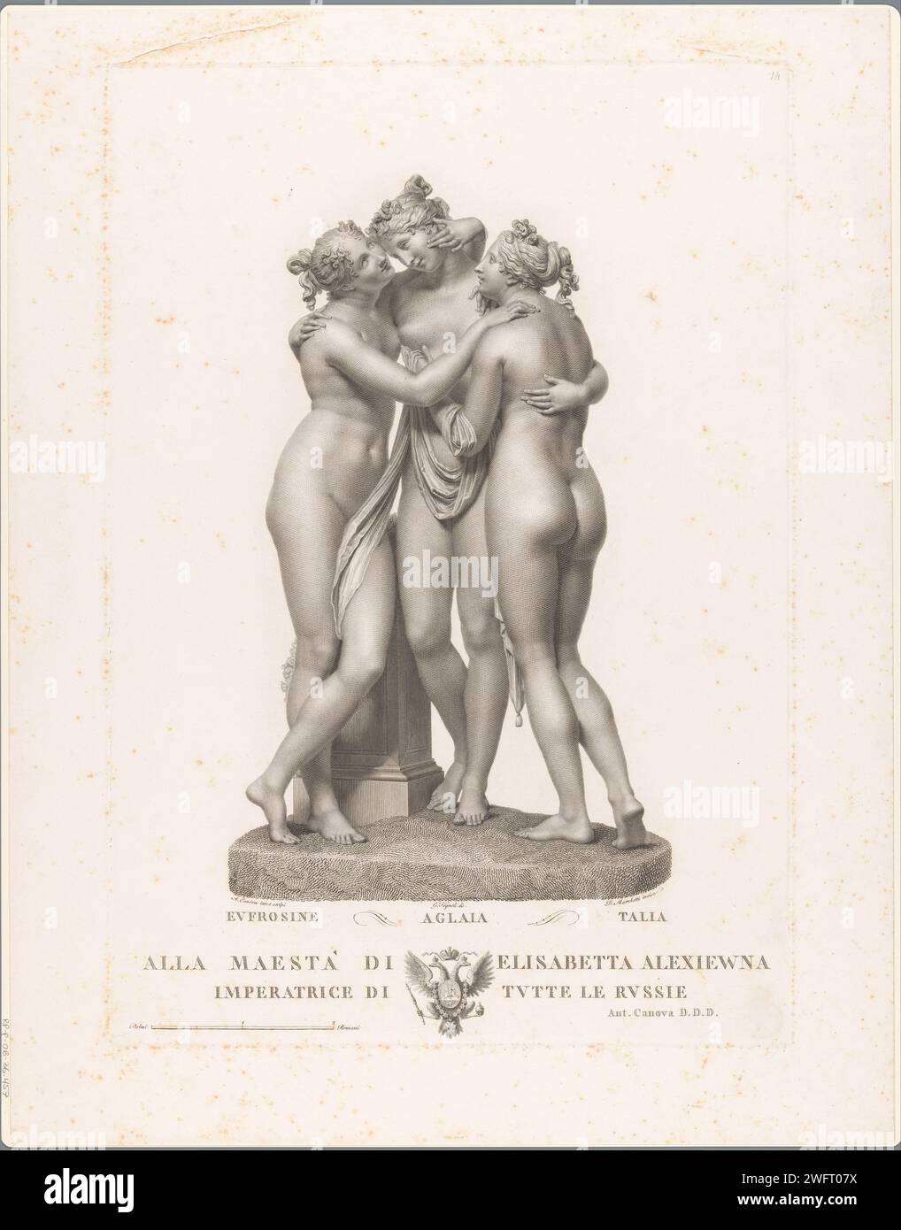 De Drie Gratiën, Domenico Marchetti, After Giovanni Tognolli, After Antonio Canova, 1814 - 1815 print Sculpture of the three graces (Talia, Aglaia and Eofrosine) by the Italian sculptor Antonio Canova. Assignment under the performance. Italy paper engraving / etching Thalia (one of the Graces). Euphrosyne (one of the Graces). Aglaia (one of the Graces). Graces (Charites), generally three in number; 'Gratie' (Ripa). piece of sculpture, reproduction of a piece of sculpture Stock Photo