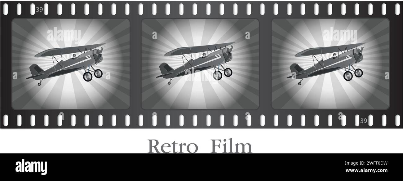 Retro airplane in flight .Old film strip.Vector illustration. Stock Vector