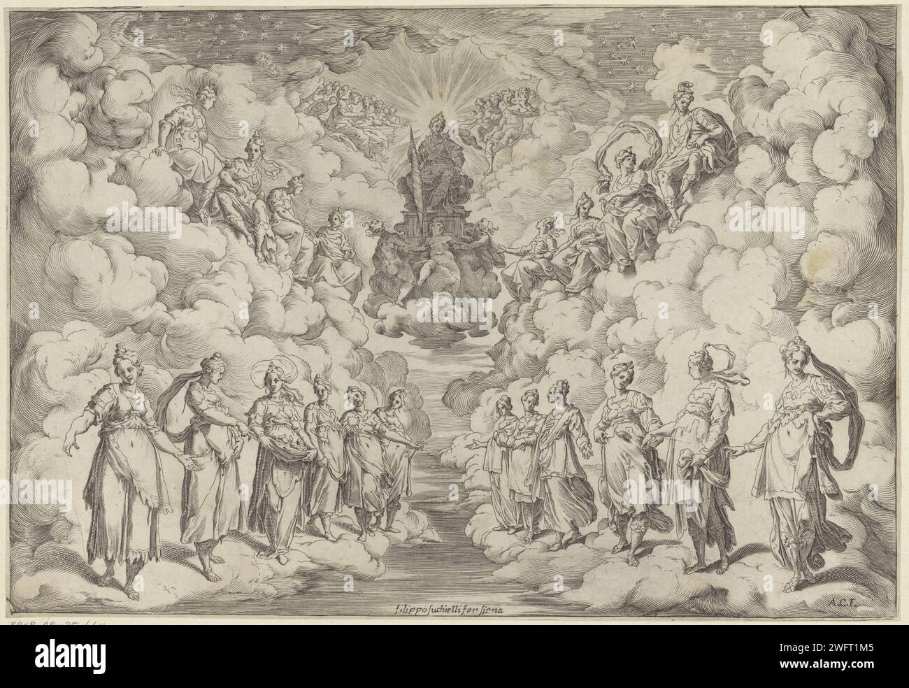 Harmonie Van de Sferen, Agostino Carracci, After Andrea Boscoli, After Bernardo Buontalenti, 1589 - 1592 print Display of the first interlude during the performance of the play 'La Pellegrina' by Girolamo Bargagli: the atmospheres sit and stand in rows on clouds. For the six intermezzi of Giovanni De'Bardi, the machines and costumes were designed by Bernardo Buontalenti. This performance was on the occasion of the marriage of Ferdinando I De'Medics and Christina van Lotharingen in 1589. print maker: Italyafter drawing by: Florenceafter design by: Florencepublisher: Siena paper engraving / etch Stock Photo