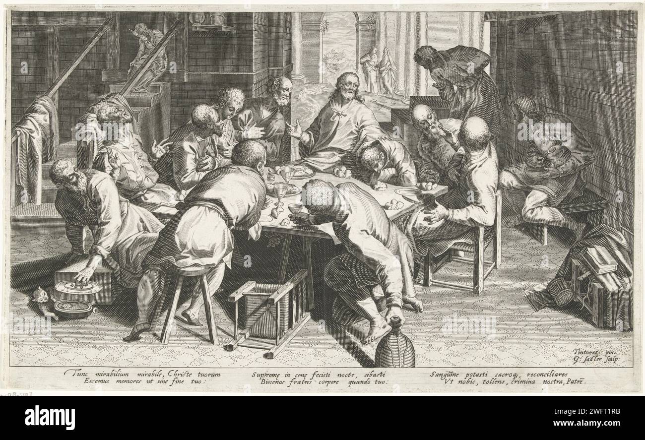 Last Supper, Aegidius Sadeler (II), After Jacopo Tintoretto, 1580 - 1629 print Christ is sitting with his students at a rectangular table. They eat and drink. The print has a Latin caption on this Bible story. unknown paper engraving Last Supper (in general) (Matthew 26:21-35; Mark 14:18-31; Luke 22:3, 22:15-23; John 13:21-38) Stock Photo