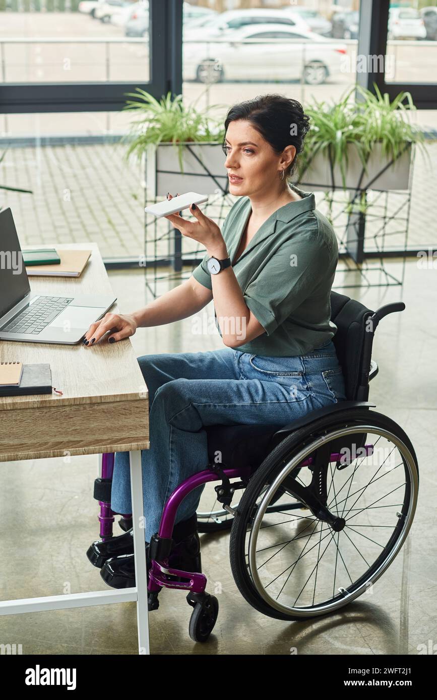 dedicated disabled businesswoman in everyday attire in wheelchair