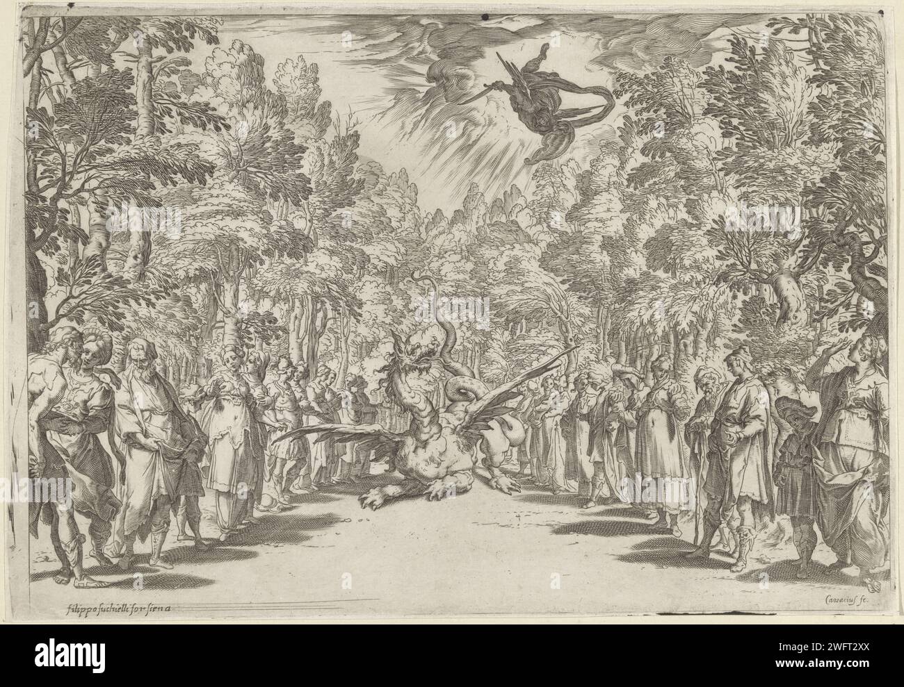 Apollo en de Python, Agostino Carracci, After Andrea Boscoli, After Bernardo Buontalenti, 1589 - 1592 print Display of the third interlude during the performance of the play 'La Pellegrina' by Girolamo Bargagli: Apollo who beats the Python for a group of spectators in a forest. For the six intermezzi of Giovanni De'Bardi, the machines and costumes were designed by Bernardo Buontalenti. This performance was on the occasion of the marriage of Ferdinando I De'Medics and Christina van Lotharingen in 1589. print maker: Italyafter drawing by: Florenceafter design by: Florencepublisher: Siena paper e Stock Photo
