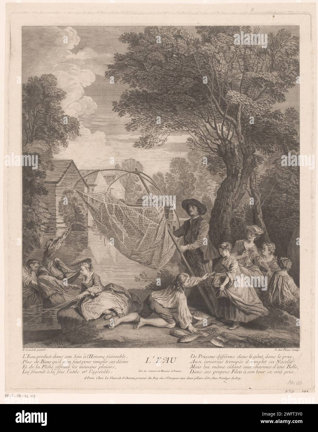 Water, Louis Desplaces, after Nicolas Lancret, c. 1732 print Company on the banks of a river. A man holds a landing net in his hand. On the left a sitting woman with rod. print maker: Parispublisher: ParisFrance paper etching / engraving fishing (sports). fishing net. water (one of the four elements) Stock Photo