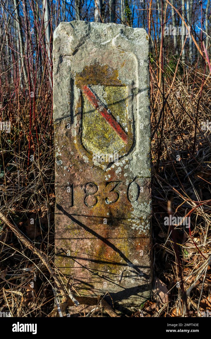 Boundary stone #73 between Inzlingen in Baden Württemburg, Germany and Maienbühl in Basel, Switzerland. Coat of arms of the Grand Duchy of Baden (Gros Stock Photo