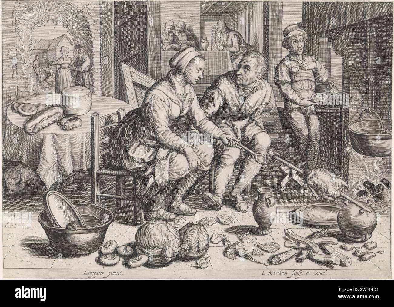 Kitchen piece with chicken on the spit, Jacob Matham, after Pieter Aertsen, 1603 print A pair roasts a chicken in a kitchen. The man holds the spit but also has a hand on the woman's leg. On the left, a man spilled soup from his spoon. In the foreground mushrooms and vegetables. Haarlem paper engraving kitchen-interior with foodstuffs in foreground (Dutch: 'keukenstuk'). grill, gridiron  cooking food Stock Photo
